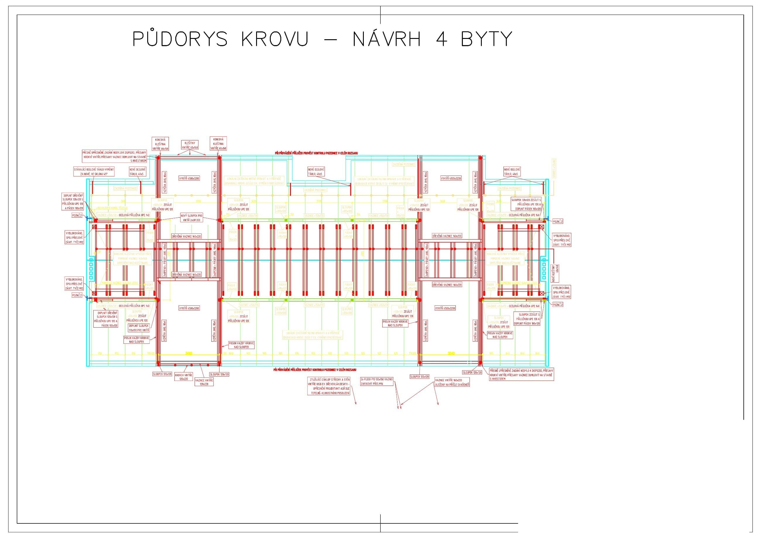 Půdorys krovu — návrh 4 bytů
