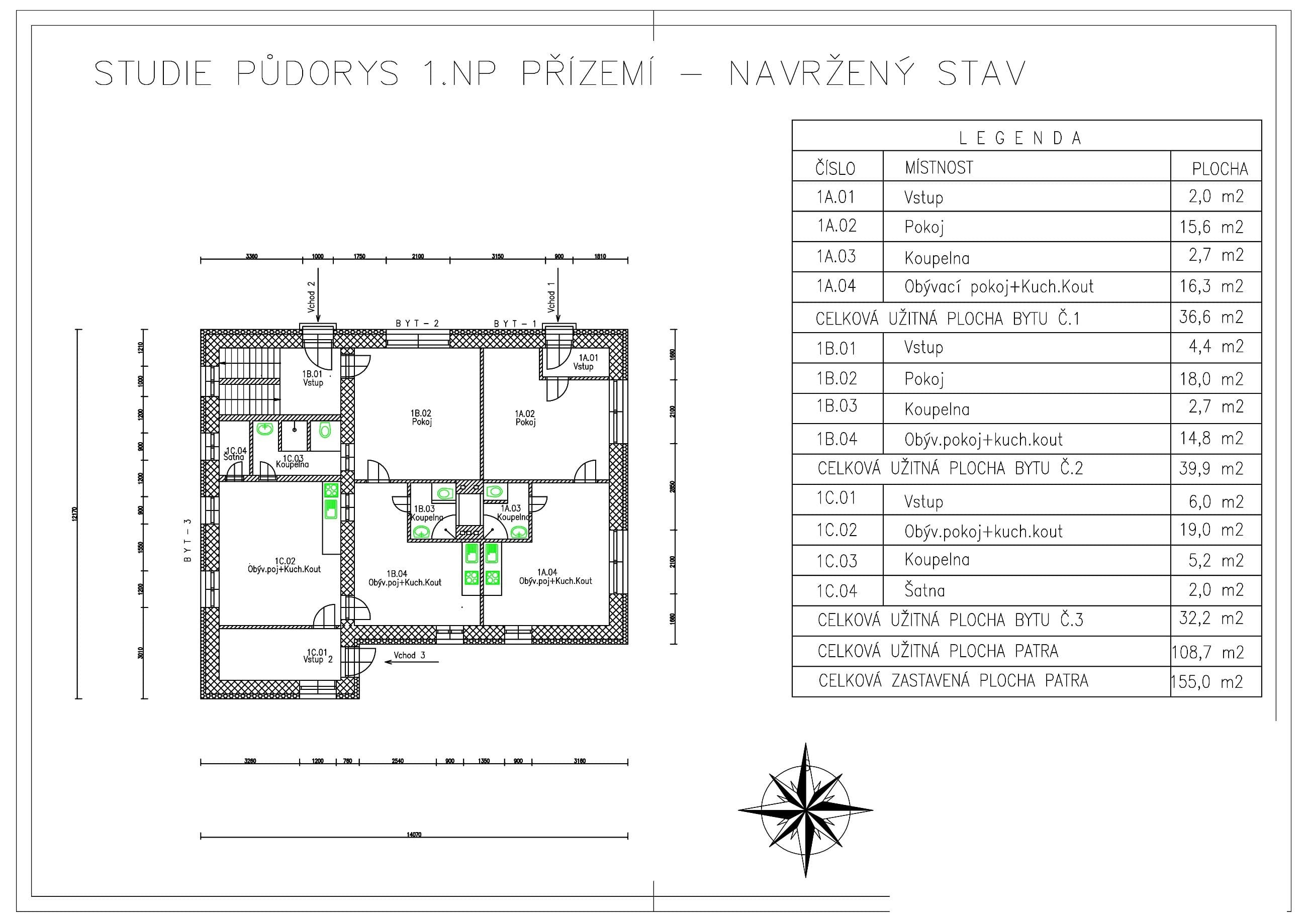 Studie půdorys 1. NP — přízemí, navržený stav
