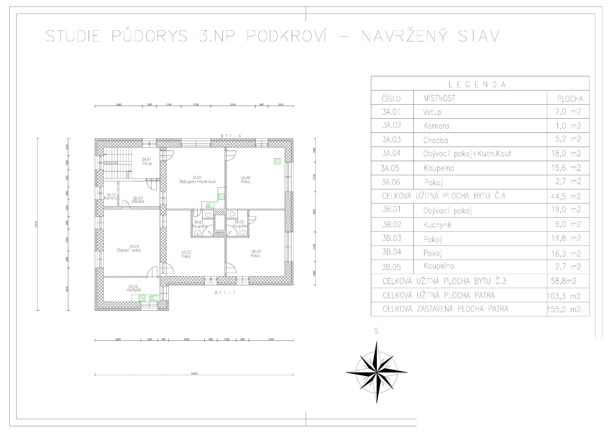 Studie půdorys 3. NP — podkroví, navržený stav